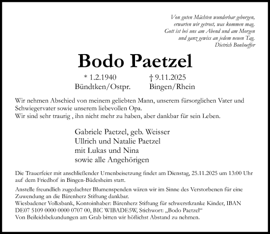 Traueranzeige von Bodo Paetzel von Allgemeine Zeitung Rheinhessen-Nahe