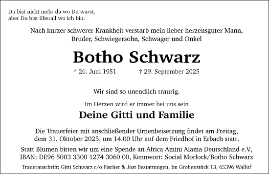 Traueranzeige von Botho Schwarz von Wiesbadener Kurier