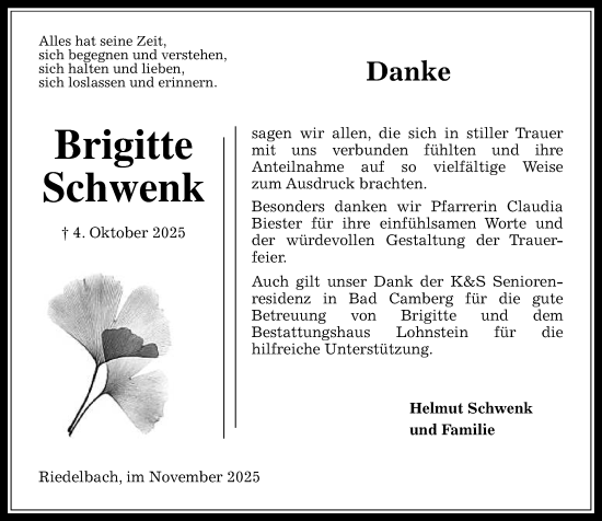 Traueranzeige von Brigitte Schwenk von Camberger Anzeiger
