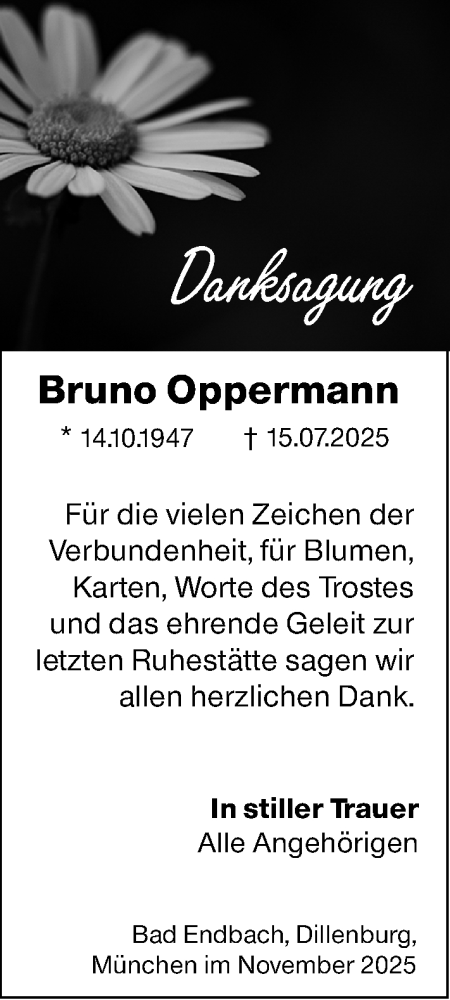 Traueranzeige von Bruno Oppermann von Hinterländer Anzeiger