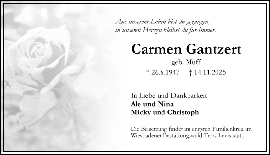 Traueranzeige von Carmen Gantzert von Wiesbadener Kurier