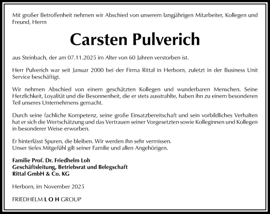 Traueranzeige von Carsten Pulverich von Dill Block