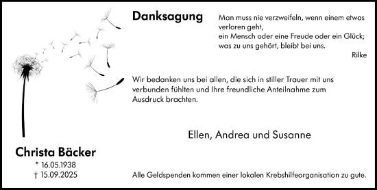 Traueranzeige von Christa Bäcker von Hinterländer Anzeiger