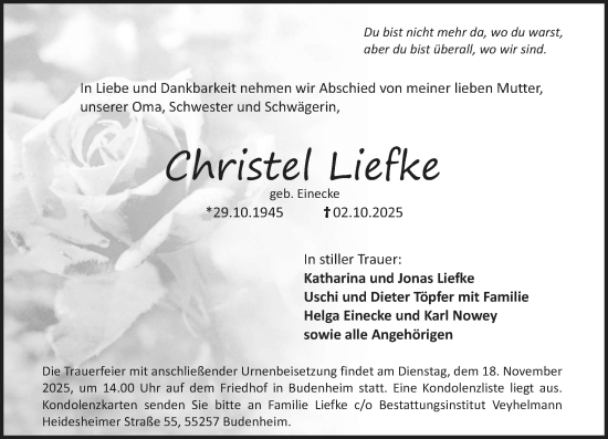 Traueranzeige von Christel Liefke von Allgemeine Zeitung Mainz