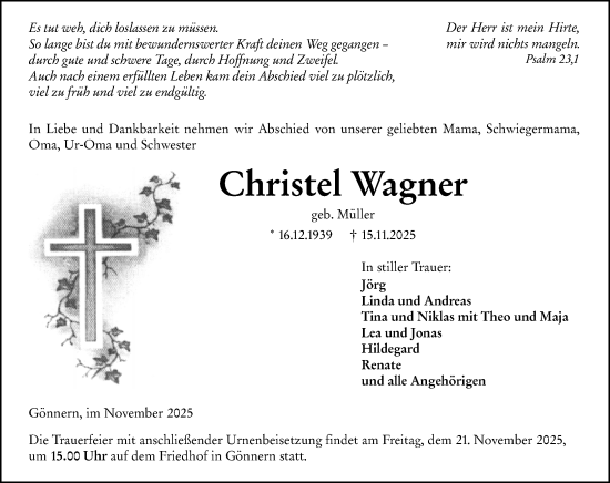 Traueranzeige von Christel Wagner von Hinterländer Anzeiger