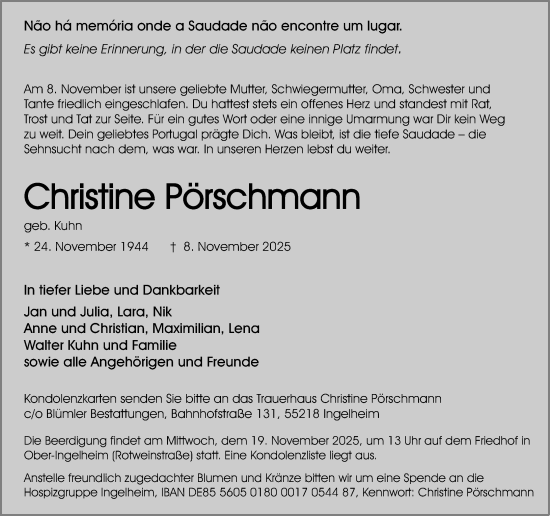 Traueranzeige von Christine Pörschmann von Allgemeine Zeitung Rheinhessen-Nahe
