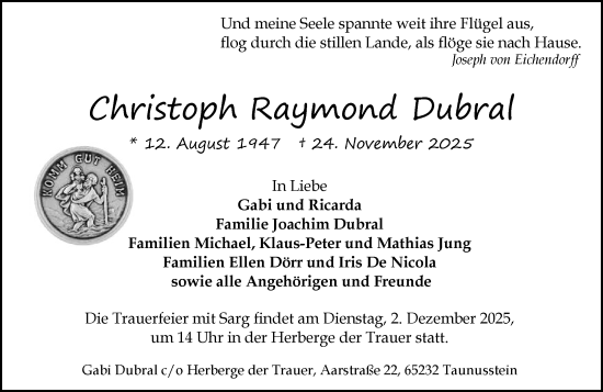 Traueranzeige von Christoph Raymond Dubral von Wiesbadener Kurier