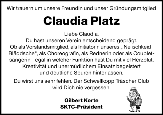 Traueranzeige von Claudia Platz von Allgemeine Zeitung Mainz