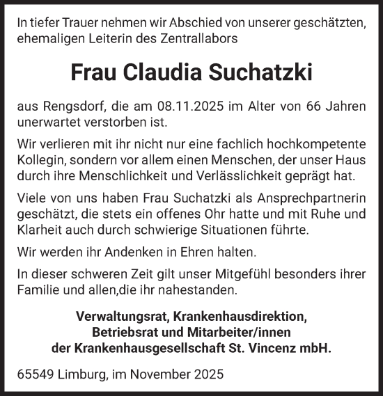 Traueranzeige von Claudia Suchatzki von Nassauische Neue Presse