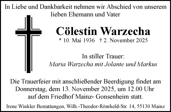 Traueranzeige von Cölestin Warzecha von Allgemeine Zeitung Mainz