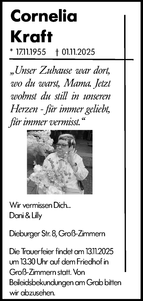 Traueranzeige von Cornelia Kraft von Dieburger Anzeiger/Groß-Zimmerner Lokal-Anzeiger