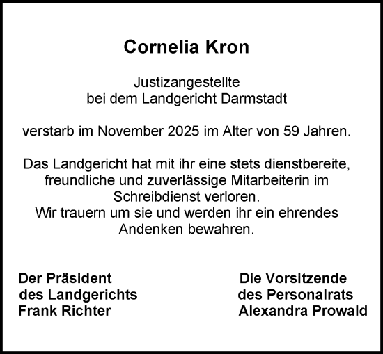 Traueranzeige von Cornelia Kron von Darmstädter Echo