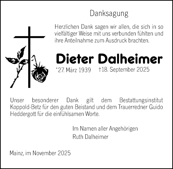 Traueranzeige von Dieter Dalheimer von Allgemeine Zeitung Mainz