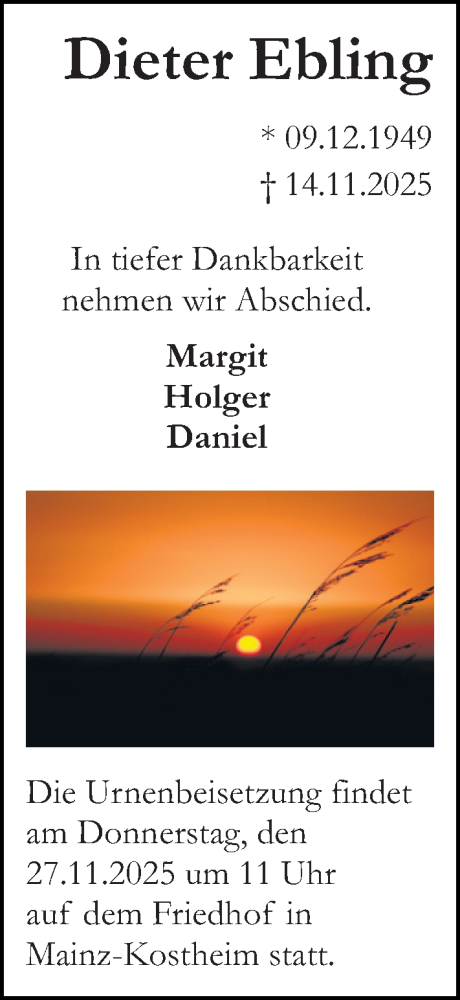 Traueranzeige von Dieter Ebling von Allgemeine Zeitung Mainz