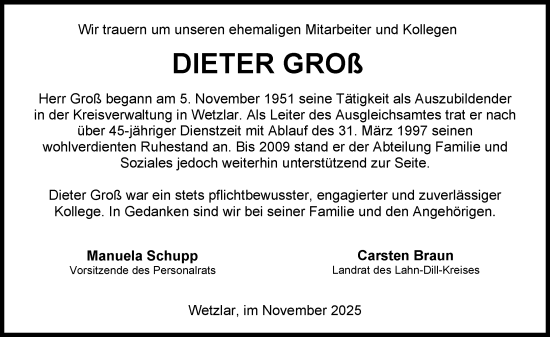 Traueranzeige von Dieter Groß von Wetzlarer Neue Zeitung