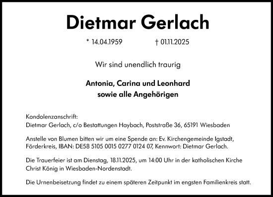 Traueranzeige von Dietmar Gerlach von Wiesbadener Kurier