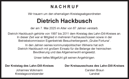 Traueranzeige von Dietrich Hackbusch von Wetzlarer Neue Zeitung