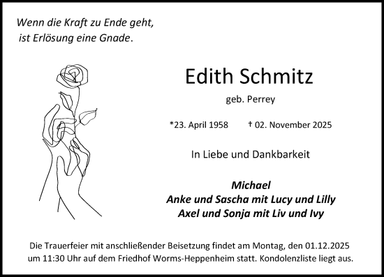 Traueranzeige von Edith Schmitz von Wormser Zeitung