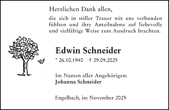 Traueranzeige von Edwin Schneider von Hinterländer Anzeiger