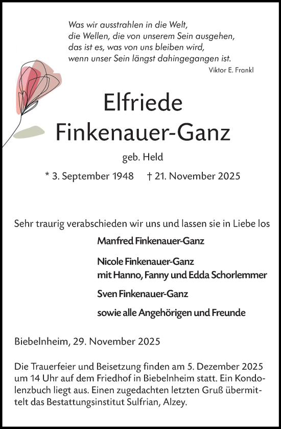 Traueranzeige von Elfriede Finkenauer-Ganz von Allgemeine Zeitung Alzey