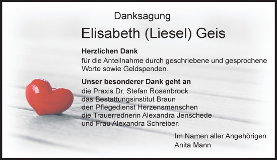 Traueranzeige von Elisabeth Geis von Dieburger Anzeiger/Groß-Zimmerner Lokal-Anzeiger