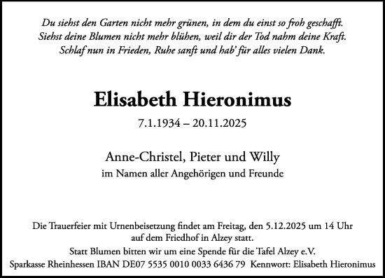 Traueranzeige von Elisabeth Hieronimus von Allgemeine Zeitung Alzey