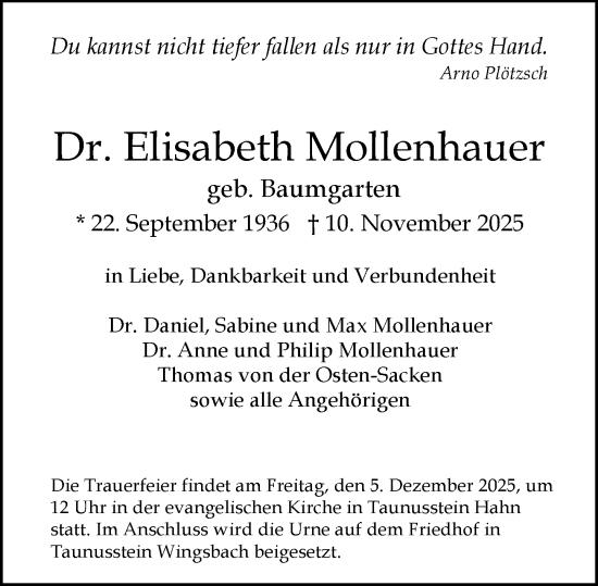 Traueranzeige von Elisabeth Mollenhauer von Idsteiner Land/Untertaunus