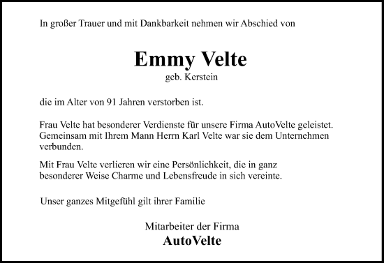 Traueranzeige von Emmy Velte von Hinterländer Anzeiger