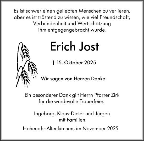 Traueranzeige von Erich Jost von Wetzlarer Neue Zeitung