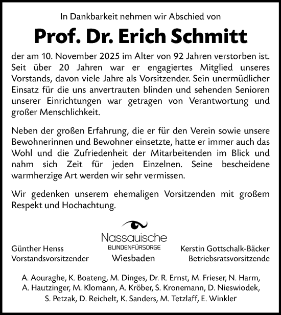 Traueranzeige von Erich Schmitt von Wiesbadener Kurier