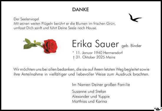 Traueranzeige von Erika Sauer von Allgemeine Zeitung Mainz