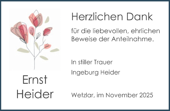 Traueranzeige von Ernst Heider von Wetzlarer Neue Zeitung