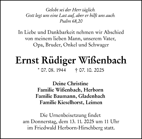 Traueranzeige von Ernst Rüdiger Wißenbach von Dill Block