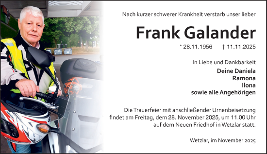 Traueranzeige von Frank Galander von Wetzlarer Neue Zeitung