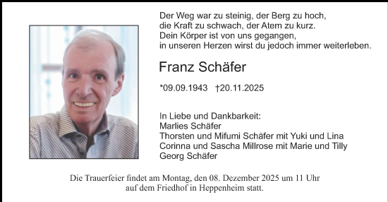 Traueranzeige von Franz Schäfer von Starkenburger Echo