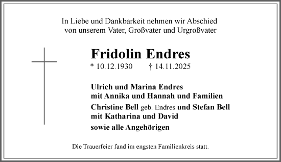 Traueranzeige von Fridolin Endres von Wiesbadener Kurier