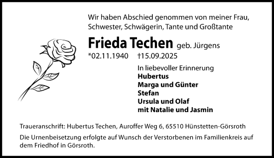 Traueranzeige von Frieda Techen von Idsteiner Land/Untertaunus