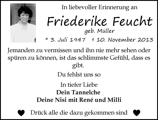 Traueranzeige von Friederike Feucht von Idsteiner Land/Untertaunus