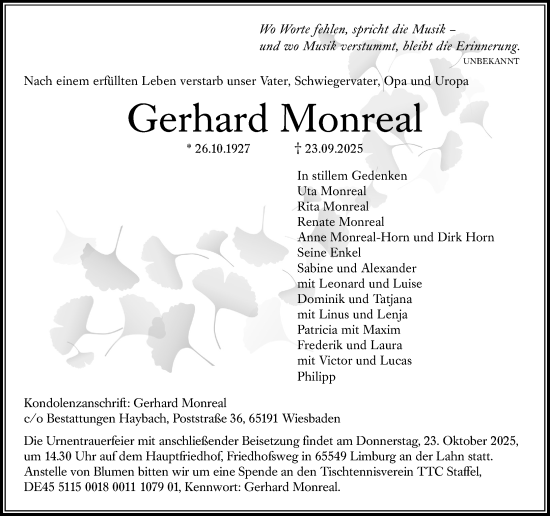 Traueranzeige von Gerhard Monreal von Nassauische Neue Presse