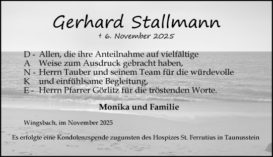 Traueranzeige von Gerhard Stallmann von Wiesbadener Kurier