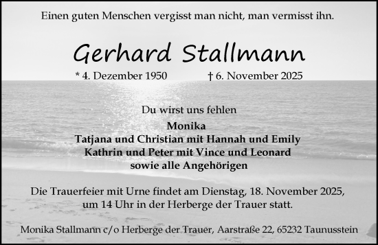 Traueranzeige von Gerhard Stallmann von Wiesbadener Kurier