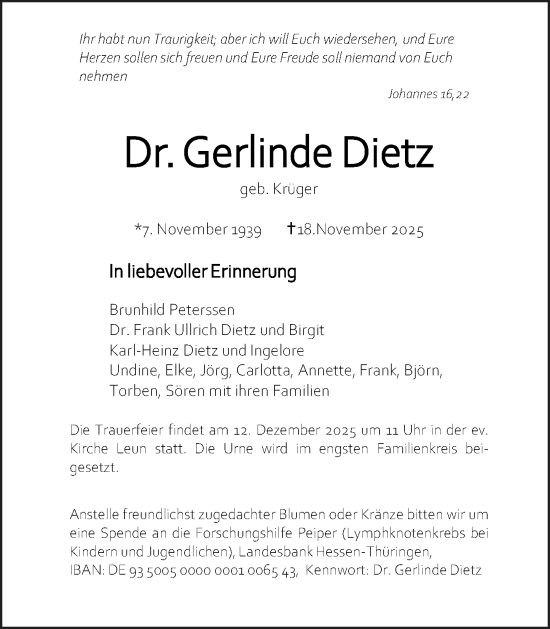 Traueranzeige von Gerlinde Dietz von Wetzlarer Neue Zeitung
