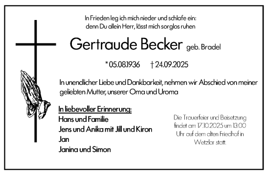 Traueranzeige von Gertraude Becker von Wetzlarer Neue Zeitung