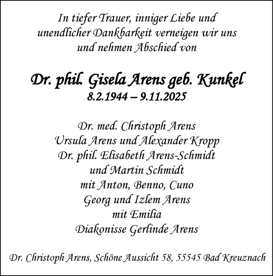 Traueranzeige von Gisela Arens von Allgemeine Zeitung Rheinhessen-Nahe