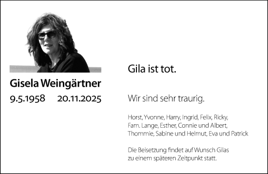 Traueranzeige von Gisela Weingärtner von Wiesbadener Kurier