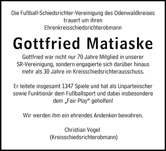 Traueranzeige von Gottfried Matiaske von Odenwälder Echo