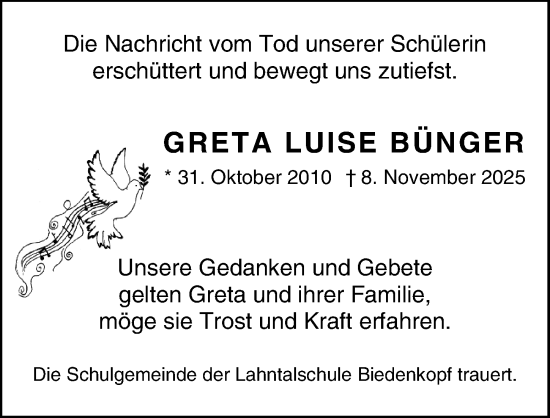 Traueranzeige von Greta Luise Bünger von Hinterländer Anzeiger