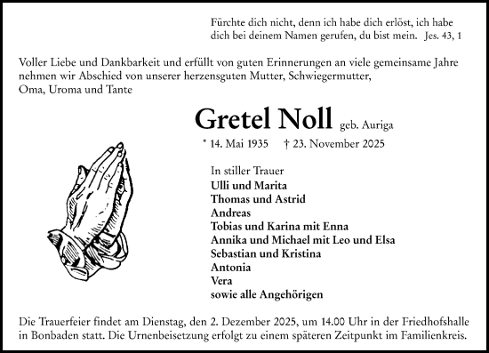 Traueranzeige von Gretel Noll von Wetzlarer Neue Zeitung