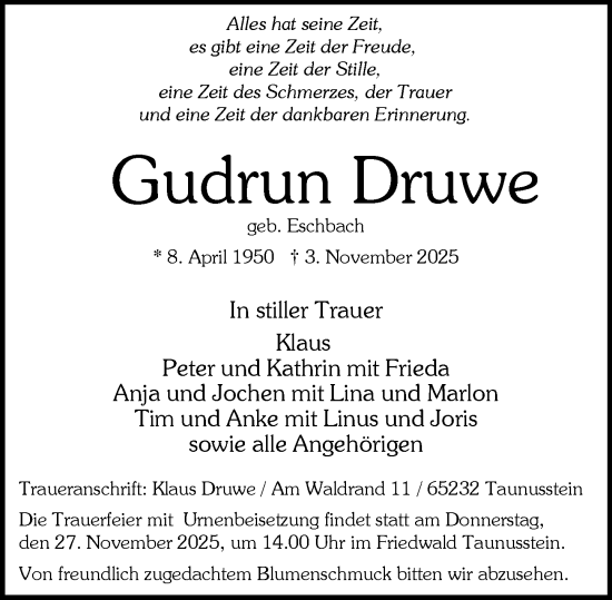 Traueranzeige von Gudrun Druwe von Wiesbadener Kurier