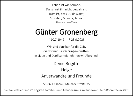 Traueranzeige von Günter Gronenberg von Allgemeine Zeitung Alzey